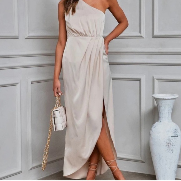 VICI Olia Fancy Shenanigans Satin One Shoulder Drape Midi Dress In Light Taupe - Picture 3 of 3